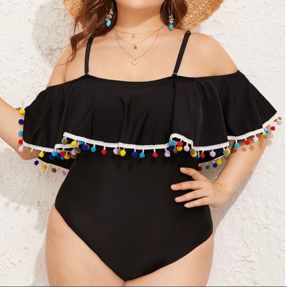 NWOT Black Pom Pom Swim Suit